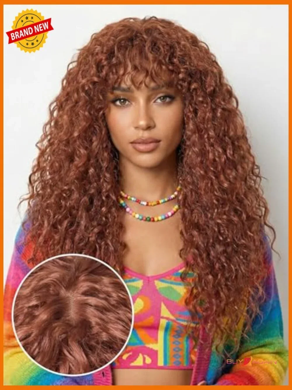 Shaggy Curly Wig with Bangs Realistic Look Synthetic Human Hair Blend